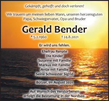 Traueranzeige von Gerald Bender von Märkische Oderzeitung