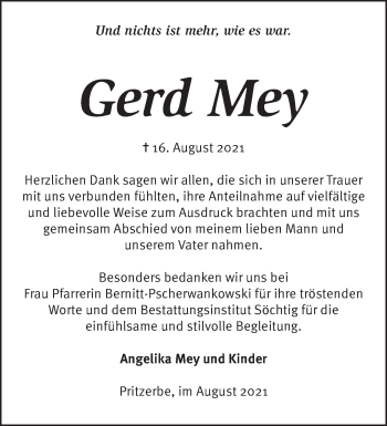 Traueranzeige von Gerd Mey von Märkische Oderzeitung