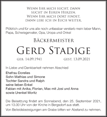 Traueranzeige von Gerd Stadige von Märkische Oderzeitung