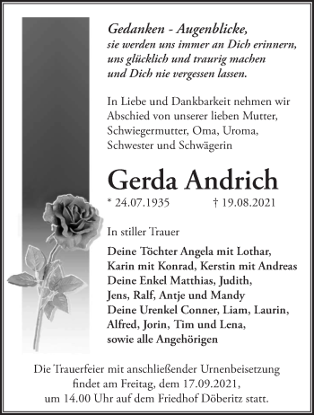 Traueranzeige von Gerda Andrich von Märkische Oderzeitung