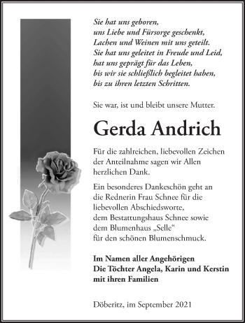 Traueranzeige von Gerda Andrich von Märkische Oderzeitung