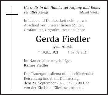 Traueranzeige von Gerda Fiedler von Märkische Oderzeitung