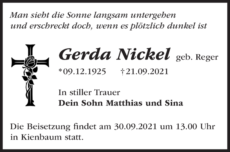  Traueranzeige für Gerda Nickel vom 25.09.2021 aus Märkische Oderzeitung