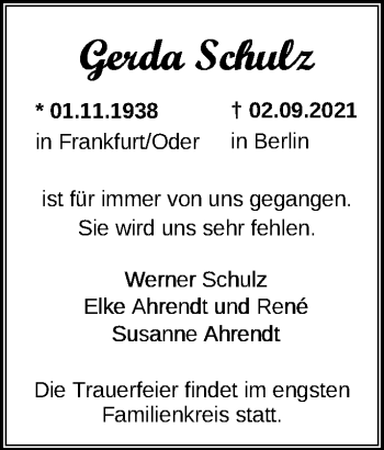 Traueranzeige von Gerda Schulz von Märkische Oderzeitung