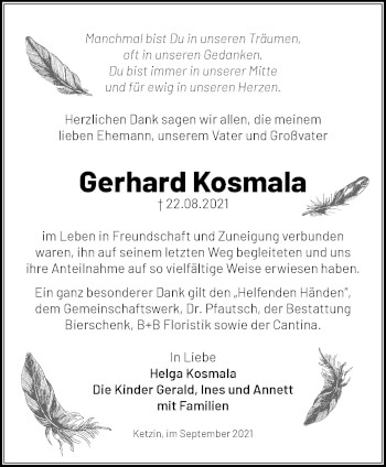 Traueranzeige von Gerhard Kosmala von Märkische Oderzeitung