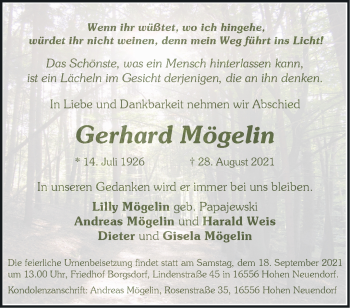 Traueranzeige von Gerhard Mögelin von Märkische Oderzeitung