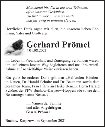 Traueranzeige von Gerhard Prömel von Märkische Oderzeitung