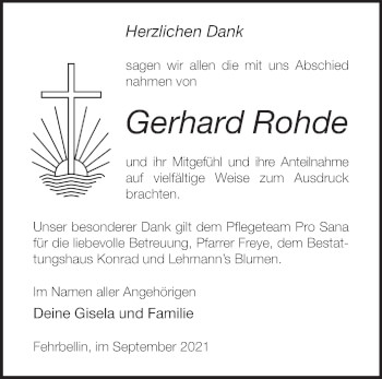 Traueranzeige von Gerhard Rohde von Märkische Oderzeitung