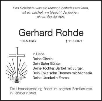 Traueranzeige von Gerhard Rohde von Märkische Oderzeitung