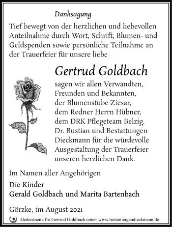 Traueranzeige von Gertrud Goldbach von Märkische Oderzeitung