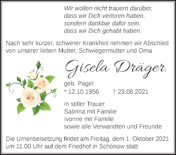 Traueranzeige von Gisela Dräger von Märkische Oderzeitung