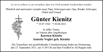 Traueranzeige von Günter Kienitz von Märkische Oderzeitung