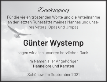 Traueranzeige von Günter Wystemp von Märkische Oderzeitung