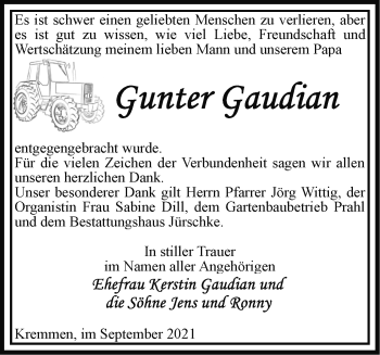 Traueranzeige von Gunter Gaudian von Märkische Oderzeitung