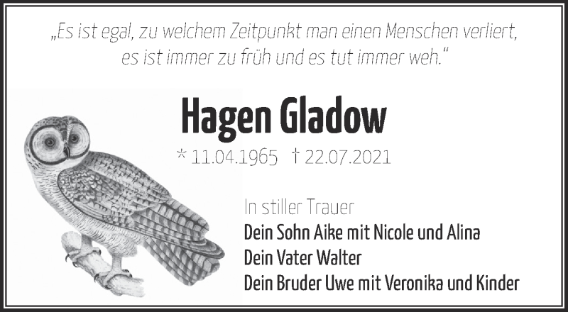  Traueranzeige für Hagen Gladow vom 11.09.2021 aus Märkische Oderzeitung