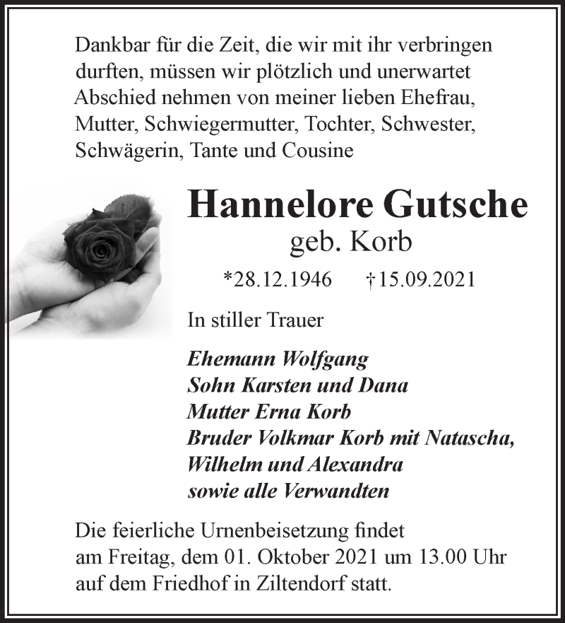 Traueranzeigen Von Hannelore Gutsche Märkische Onlinezeitung Trauerportal