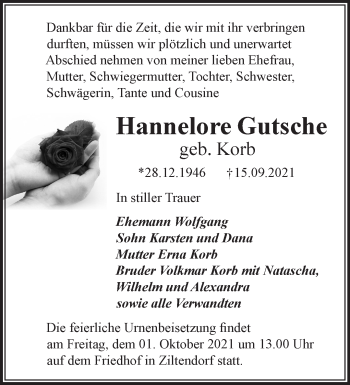 Traueranzeige von Hannelore Gutsche von Märkische Oderzeitung