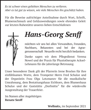 Traueranzeige von Hans-Georg Senff von Märkische Oderzeitung