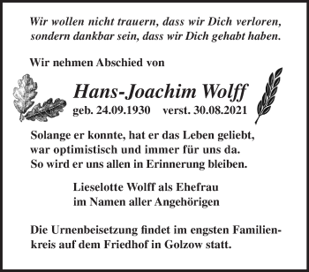 Traueranzeige von Hans-Joachim Wolff von Märkische Oderzeitung