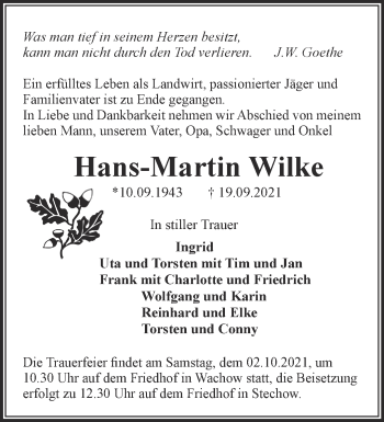 Traueranzeige von Hans-Martin Wilke von Märkische Oderzeitung