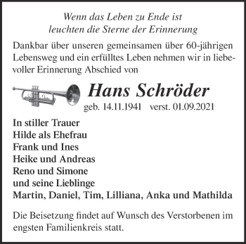 Traueranzeige von Hans Schröder von Märkische Oderzeitung