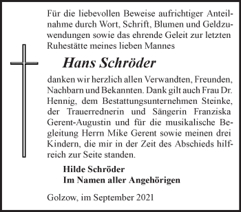 Traueranzeige von Hans Schröder von Märkische Oderzeitung