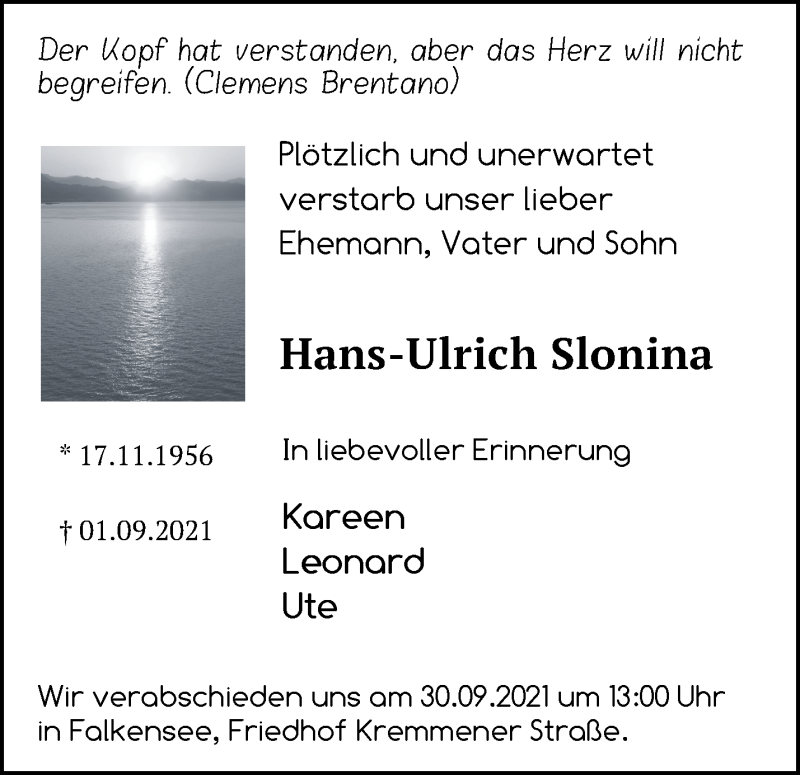  Traueranzeige für Hans-Ulrich Slonina vom 12.09.2021 aus Märkische Oderzeitung