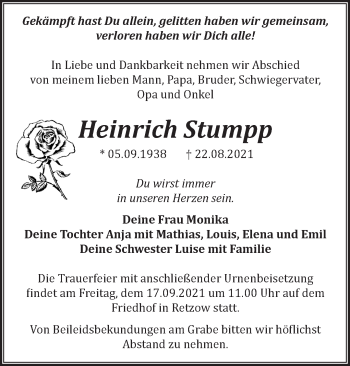 Traueranzeige von Heinrich Stumpp von Märkische Oderzeitung