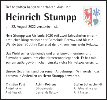 Traueranzeige von Heinrich Stumpp von Märkische Oderzeitung