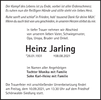 Traueranzeige von Heinz Jarling von Märkische Oderzeitung