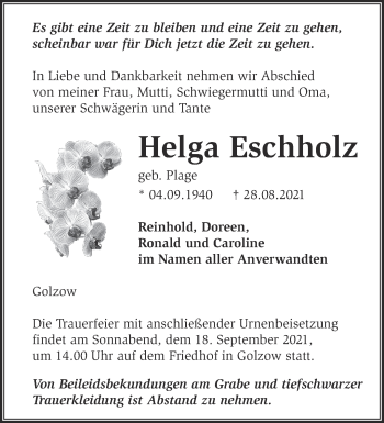 Traueranzeige von Helga Eschholz von Märkische Oderzeitung