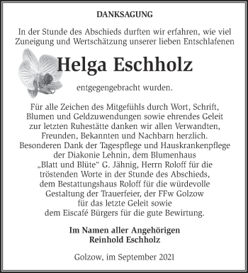 Traueranzeige von Helga Eschholz von Märkische Oderzeitung