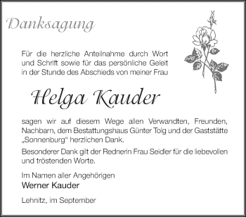 Traueranzeige von Helga Kauder von Märkische Oderzeitung