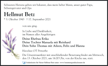 Traueranzeige von Hellmut Betz von Märkische Oderzeitung