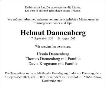 Traueranzeige von Helmut Dannenberg von Märkische Oderzeitung