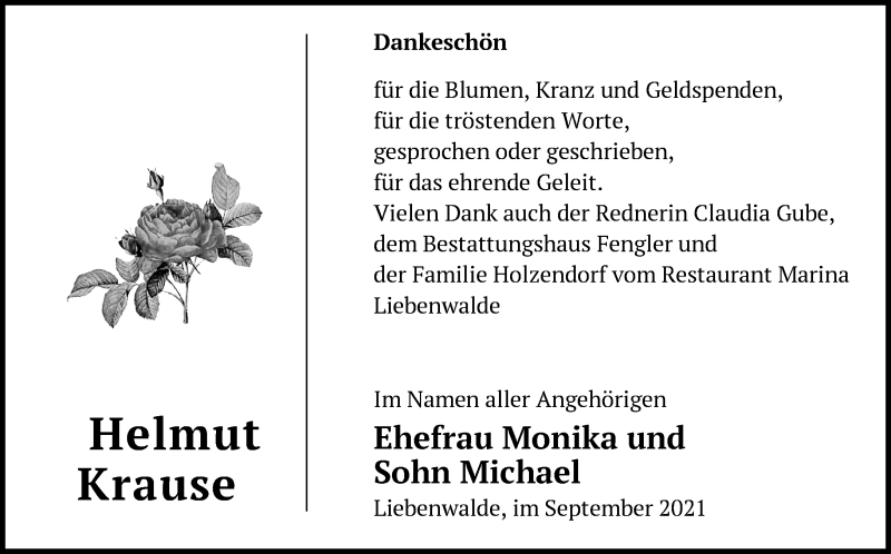  Traueranzeige für Helmut Krause vom 22.09.2021 aus Märkische Oderzeitung