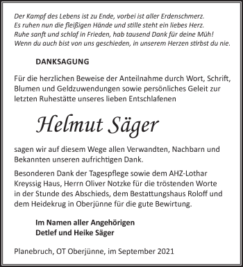 Traueranzeige von Helmut Säger von Märkische Oderzeitung