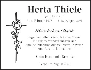 Traueranzeige von Herta Thiele von Märkische Oderzeitung