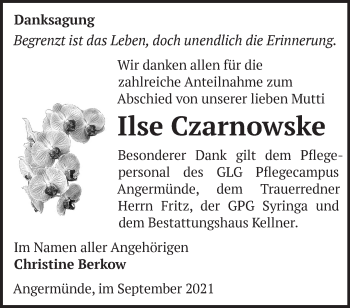 Traueranzeige von Ilse Czarnowske von Märkische Oderzeitung