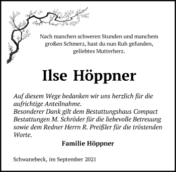 Traueranzeige von Ilse Höppner von Märkische Oderzeitung