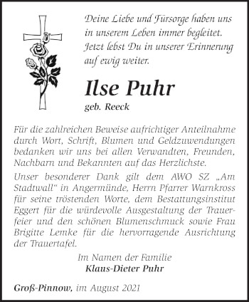 Traueranzeige von Ilse Puhr von Märkische Oderzeitung