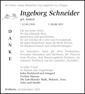 Traueranzeige von Ingeborg Schneider von Märkische Oderzeitung