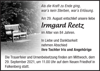 Traueranzeige von Irmgard Reetz von Märkische Oderzeitung