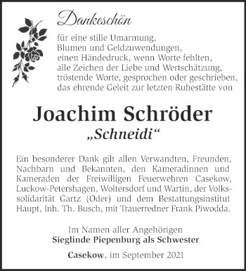 Traueranzeige von Joachim Schröder von Märkische Oderzeitung