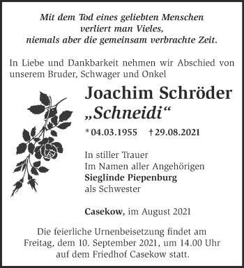 Traueranzeige von Joachim Schröder von Märkische Oderzeitung