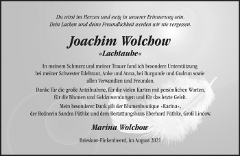 Traueranzeige von Joachim Wolchow von Märkische Oderzeitung