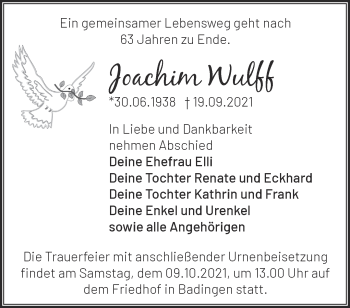 Traueranzeige von Joachim Wulff von Märkische Oderzeitung