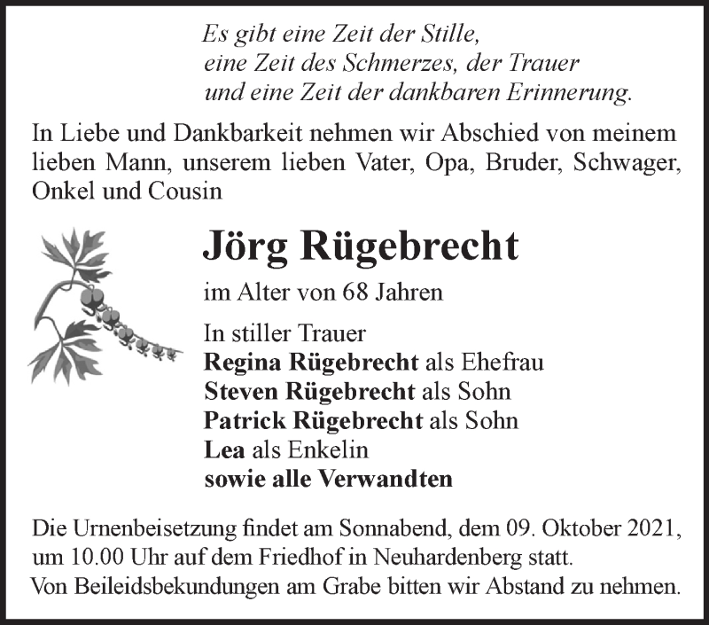  Traueranzeige für Jörg Rügebrecht vom 25.09.2021 aus Märkische Oderzeitung