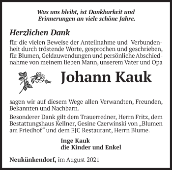 Traueranzeige von Johann Kauk von Märkische Oderzeitung