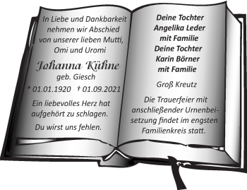 Traueranzeige von Johanna Kühne von Märkische Oderzeitung